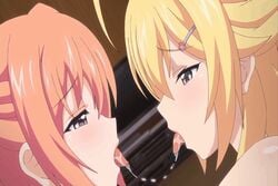 2girls animated animated_gif blonde_hair blue_hair blush collaboration_works female female/female female_human french_kiss hair_ornament hiiragi_kururu human kissing mankitsu_happening mitsuki_otona multiple_girls orange_hair saliva saliva_trail screencap screenshot stitched tongue_out waffle yuri