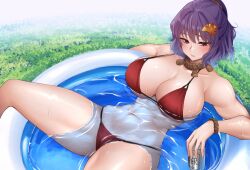 1girl abs alcohol beer bikini blush breasts female female_only from_above grass hair_ornament holding kanako_yasaka large_breasts leaf leaf_hair_ornament lying maple_leaf mature_female momendoufu parted_lips pool purple_hair red_bikini red_eyes rope short_hair spread_legs sweat swimsuit tagme touhou water yasaka_kanako