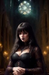 ai_generated black_dress black_hair black_lipstick cathedral choker corridor corset dungeon eyeshadow fantasy female_focus female_only freckles freckles_on_face gothic helena_nightingale medium_breasts night oc original_character sole_female solo stable_diffusion