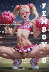 1boy ai_generated ai_reality_drift balls blonde_hair cheerleader college crossdressing cum cumming cute_male femboy femboy_cheerleader feminine_male flat_chest glasses male male_only otoko_no_ko penis pigtails sissy squatting twintails