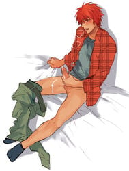 1boy blush bottomless cum cum_on_body cum_on_lower_body cumdrip ittoki_otoya male_only masturbation penis red_eyes red_hair short_hair socks solo steam sweat testicles uncensored undressing uta_no_prince-sama wince