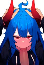 ai_generated blowjob blue_hair demon_girl fellatio head_grab hoodie horns jitome long_hair muzumi_thorns nai_diffusion pov red_eyes succubus