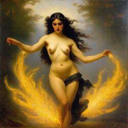 ai_generated belly black_hair breasts curvaceous curvy fire lips long_hair medium_breasts navel seductress william_bouguereau