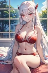 1girls ai_generated big_breasts bra breasts clothing female legs_together long_hair matching_underwear mato_seihei_no_slave panties red_bra red_panties uzen_kyouka white_hair