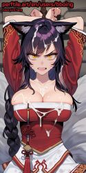 after_fellatio after_oral ahri ai_generated angry arms_up bboing_ai black_hair bound_wrists braided_hair bukkake clenched_teeth cum_on_body cum_on_breasts cum_on_face cum_on_hair default_ahri fox fox_ears fox_girl fox_tail league_of_legends league_of_legends:_wild_rift scowl yellow_eyes