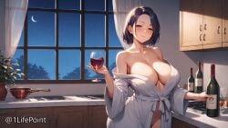 1lifepoint ai_generated bare_shoulders cleavage highres huge_breasts indoors kitchen mature_female milf no_panties patreon seductive seductive_eyes seductive_look wallpaper wine