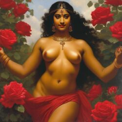 ai_generated belly black_hair bracelet breasts curly_hair curvy dancing dark-skinned_female female flower indian_female lips long_hair medium_breasts navel presenting realistic rose_(flower) smile solo william_bouguereau