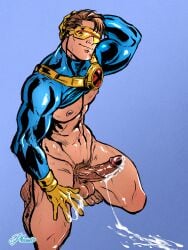 1boy balls bara big_balls big_penis clothing cum cum_drip cum_dripping_from_penis cyclops_(x-men) erection genital_fluids male male_focus male_only male_pubic_hair marvel marvel_comics muscular_male penis phausto scott_summers solo uncensored x-men yaoi