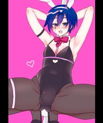 arms_behind_head blue_hair blush bulge bulge_through_clothing bunny_ears bunnysuit crossdressing femboy hairclip headband heart-shaped_pupils kaito_(vocaloid) looking_at_viewer rabbit_hole_(deco*27/caststation) rabbit_hole_(vocaloid) squatting vocaloid