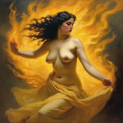 ai_generated belly black_hair breasts curvaceous curvy fire lips long_hair medium_breasts navel seductress william_bouguereau