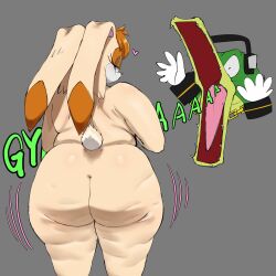 admiring alternate_body_type anthro ass ass_awe big_ass cellulite chubby furry huge_ass interspecies isxues nude scalie sonic_(series) stretch_marks text uncensored vanilla_the_rabbit vector_the_crocodile