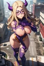 ai_generated big_breasts blonde_hair city domino_mask embarrassed embarrassed_nude_female giantess horns looking_at_viewer mount_lady my_hero_academia nipples superheroine takeyama_yuu thick_thighs thighhighs thighs torn_bodysuit torn_clothes viewed_from_above wide_hips