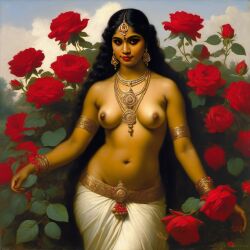 ai_generated belly black_hair bracelet breasts curly_hair curvy dark-skinned_female female flower indian_female lips long_hair medium_breasts navel presenting realistic rose_(flower) smile solo william_bouguereau