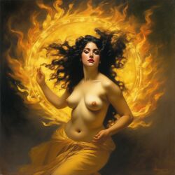 ai_generated belly black_hair breasts curvaceous curvy fire lips long_hair medium_breasts navel seductress william_bouguereau