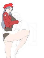 age_difference brown_eyes face_in_breasts face_on_breast hat head_on_breasts hugging leg_wrap legs_wrapped_around_partner misato_katsuragi neon_genesis_evangelion older_female open_mouth purple_hair shinji_ikari size_difference thick_thighs thighs tight_clothing unseen_male_face wip y_(artist) younger_male