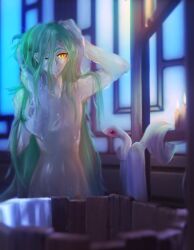 baizhu_(genshin_impact) bath bathroom changsheng_(genshin_impact) feminine green_hair long_hair male male_only no_visible_genitalia snake solo yellow_eyes