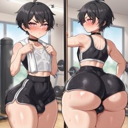 1boy ai_generated anger_vein annoyed ass big_ass big_ass_(male) black_hair blush blushing bulge bulge_through_clothing crop_top curvy cute_male femboy feminine_male girly gym_bitch_(thecook) huge_ass large_ass male male_only original original_character otoko_no_ko penis_bulge pink_eyes self_upload short_hair short_top shorts small_balls small_bulge small_penis small_waist solo submissive sweat sweaty sweaty_body sweaty_butt sweaty_chest thecook thick_ass thick_thighs voluptuous working_out workout workout_clothes