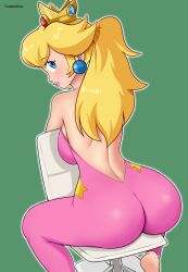 1girls artist_name ass blonde_hair blue_eyes crown female female_only green_background gummslime huge_ass lipstick looking_back mario_(series) princess_peach serious