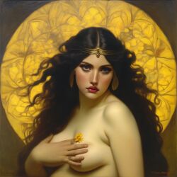 ai_generated belly black_hair breasts curvaceous curvy fire lips long_hair medium_breasts navel seductress william_bouguereau