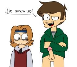 black_bow black_pupils blue_bandana blush blush_lines brown_hair crossed_arms eddsworld eduardo eduardo_(eddsworld) glasses green_shirt looking_at_partner looking_at_penis moustache no_pants penis penis_out red_vest showing_penis simple_background wanting_sex without_pants