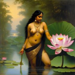 ai_generated belly black_hair breasts curly_hair curvy dark-skinned_female female flower indian_female lips long_hair lotus medium_breasts navel presenting realistic smile solo william_bouguereau