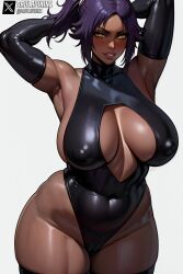 1girls ai_generated armpits arms_up belly big_breasts big_nipples bleach bleach:_the_thousand-year_blood_war blush breasts breasts_apart breasts_bigger_than_head cleavage cleavage_cutout dark-skinned_female dark_skin daulawkins elbow_gloves grin large_breasts leotard looking_at_viewer muscular nipple_bulge nipples nipples_visible_through_clothing purple_hair sagging_breasts shihouin_yoruichi smile solo stable_diffusion standing thick thick_thighs thighhighs thighs tight_clothing voluptuous wide_hips yellow_eyes