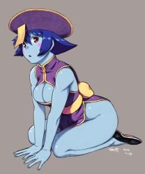 1girls blue_skin breasts cleavage darkstalkers female female_only flat_shoes flats hsien_ko jiangshi kneeling lei-lei lei_lei purple_hair short_hair thick_thighs thighs tukudani