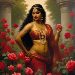 ai_generated belly black_hair bracelet breasts curly_hair curvy dancing dark-skinned_female female flower indian_female lips long_hair medium_breasts navel presenting realistic rose_(flower) smile solo william_bouguereau