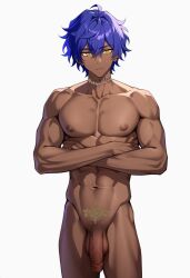 1boy 1male ai_generated ai_golden_map crossed_arms dark-skinned_male dark_skin fate/grand_order fate_(series) flaccid flaccid_penis gold_eyes hassan_of_the_shining_star male_only male_pubic_hair neck_scar nipples nude penis pubes pubic_hair pubic_tattoo purple_hair solo solo_focus solo_male tattoo white_background