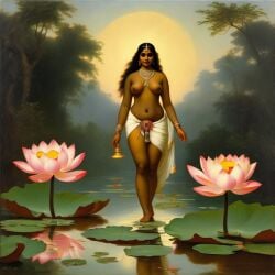 ai_generated belly black_hair breasts curly_hair curvy dark-skinned_female female flower indian_female lips long_hair lotus medium_breasts navel presenting realistic smile solo william_bouguereau