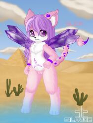 anthro arachnid arthropod canid canine chimera desert felid feline female fox fur genitals grin hair hi_res holding_hips innie_pussy long_hair mammal pink_body pink_fur purple_eyes purple_hair pussy scorpion scorpion_tail silavos smile solo standing symbol_on_belly watermark white_body white_fur wings