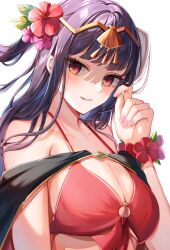 1girls alternate_costume bikini black_cape black_hair breasts cape circlet female female_only fire_emblem fire_emblem_awakening fire_emblem_heroes glowing glowing_hair hair_twirling highres long_hair looking_at_viewer medium_breasts nintendo official_alternate_costume parted_lips pink_nails red_bikini red_eyes red_swimsuit satoimo_chika smile solo swimsuit tharja_(fire_emblem) tharja_(summer)_(fire_emblem) upper_body wrist_flower