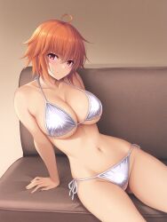 1girl ahoge ai-created ai_generated ane_to_osananajimi_wa_naka_ga_ii! arm_support ass_visible_through_thighs bare_arms bare_shoulders bikini blush breasts cleavage closed_mouth collarbone couch female glitter hair_between_eyes halterneck large_breasts looking_at_viewer navel on_couch orange_hair pixiv red_eyes rena_aikawa_(pixiv_user) short_hair side-tie_bikini_bottom silver_bikini sitting smile solo stable_diffusion stomach string_bikini swimsuit takahashi_mitsuki thighs