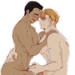 2boys ao_isami bara black_hair black_hair_bottom blonde_hair blonde_hair_on_black_hair blonde_hair_top blush completely_nude couple cowboy_shot dark-skinned_male dark_skin domination drooling eye_contact facial_hair highres lewis_smith light_hair_on_dark_hair looking_at_another male_focus male_only medium_sideburns multiple_boys muscular_male mutual_masturbation nude pectoral_docking pectoral_press pectorals penis penises_touching sakurai_kouki sideburns_stubble stubble sweat thick_eyebrows yaoi yuuki_bakuhatsu_bang_bravern