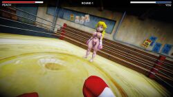 1boy 1girls 3d big_breasts big_hips bikini boxing boxing_gloves boxing_ring crown curvy curvy_female earrings female female_focus fight fighting gameplay_mechanics light-skinned_female male male_pov mario_(series) mixed_boxing mmd pink_bikini pink_boxing_gloves pov princess princess_peach red_boxing_gloves struggling swimsuit ultimabox