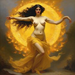 ai_generated belly black_hair breasts curvaceous curvy fire lips long_hair medium_breasts navel seductress william_bouguereau