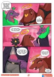 big_breasts breasts clothed clothing collar comic erection female goopyarts haven_(goopyarts) hi_res huge_breasts hyper hyper_breasts kobold leash lectora_(goopyarts) male scalie