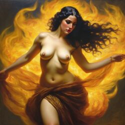 ai_generated belly black_hair breasts curvaceous curvy fire lips long_hair medium_breasts navel seductress william_bouguereau