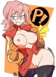 1girls 2022 areolae breasts dopedarkmode eyebrows_visible_through_hair female female_only flcl gloves haruko_haruhara nipples orange_background pants_down pink_hair pussy smile solo standing white_background yellow_eyes