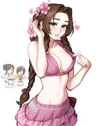 aerith_gainsborough between_breasts big_breasts bikini black_hair blushypixy blushyspicy brown_eyes brown_hair clothed exposing_chest female final_fantasy final_fantasy_vii final_fantasy_vii_rebirth final_fantasy_vii_remake flat_stomach flower_in_hair green_eyes hands-free_bubble_tea ice_cream medium_breasts orange_swimsuit pink_swimsuit swimsuit tifa_lockhart white_swimsuit yuffie_kisaragi