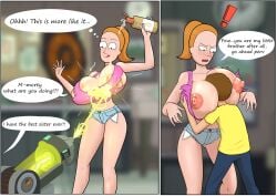 adult_swim areolae breast_expansion breasts breasts_bigger_than_head brother_and_sister color diklonius english_text female head_between_breasts hi_res huge_breasts incest male morty_smith motorboating nipples oil oiled_breasts ponytail rick_and_morty ripped_clothing shorts summer_smith text text_bubble