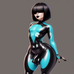 1boy ai_generated ball_bulge balls black_clothing black_hair black_lipstick blue_clothing bodysuit bulge clothed clothing corey_(purple_letter) cute femboy flat_chest frosting.ai fully_clothed hair_over_eyes huge_ass oc original original_character penis penis_bulge purple_letter self_upload simple_background solo thick_thighs tight_clothing wide_hips