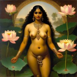 ai_generated belly black_hair breasts curly_hair curvy dark-skinned_female female flower indian_female lips long_hair lotus medium_breasts navel presenting realistic smile solo william_bouguereau