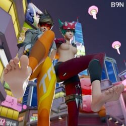 2girls 3d b9n big_feet feet female foot_fetish foot_focus kiriko_(overwatch) kiriko_kamori multiple_girls orange-tinted_eyewear overwatch overwatch_2 soles tinted_eyewear toes tracer wrinkled_feet wrinkled_soles