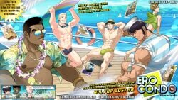 6+boys abs absurdres bara bare_pectorals belly bulge buzz_(ero_condo) character_request chop_(ero_condo) dark-skinned_male dark_skin erection erection_under_clothes ero_condo facial_hair goggles goggles_around_neck grin half_thong hawaiian_shirt highres holding holding_surfboard kienbiu large_pectorals long_sideburns male_focus male_swimwear mature_male multiple_boys muscular muscular_male mustache_stubble navel navel_hair nipples paid_reward_available pectorals plump see-through ship shirt short_hair sideburns sitting smile spread_legs stomach stubble sunglasses sunlight surfboard swim_briefs thick_thighs thighs topless_male water watercraft yaoi