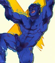 1boy balls bara beast_(x-men) blue_body blue_fur blue_hair blue_skin body_hair boner cum cum_drip cum_dripping_from_penis erection genital_fluids hairy_male hank_mccoy julio_leote male male_focus male_nipples male_only marvel marvel_comics muscular_male nipples nude penis solo solo_male teeth teeth_visible tusks x-men