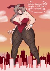 1girls alexis_(juhbuhyuh) artist_name big_breasts blush bow breasts building buildings bunny_ears bunnysuit cleavage english_text female female_only giant juhbuhyuh large_breasts long_hair open_mouth original solo solo_female solo_focus thick_thighs