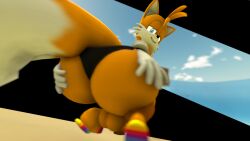 1boy 3d anthro ass ass_focus ass_grab big_ass big_balls big_butt black_thong bubble_butt doppoarts femboy fox furry huge_ass huge_balls huge_butt male_only sega solo sonic_(series) sonic_the_hedgehog_(series) squatting tail tails tails_the_fox thong