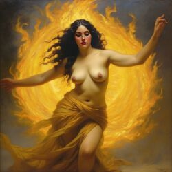 ai_generated belly black_hair breasts curvaceous curvy fire lips long_hair medium_breasts navel seductress william_bouguereau