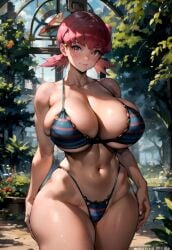 ai_generated blush cowboy_shot garden groin highleg_thong hourglass_figure huge_breasts looking_at_viewer perfect_body pink_eyes pink_hair pokemon pokemon_hgss skindentation smile striped_bra thick_thighs thong whitney_(pokemon) wide_hips zakvar